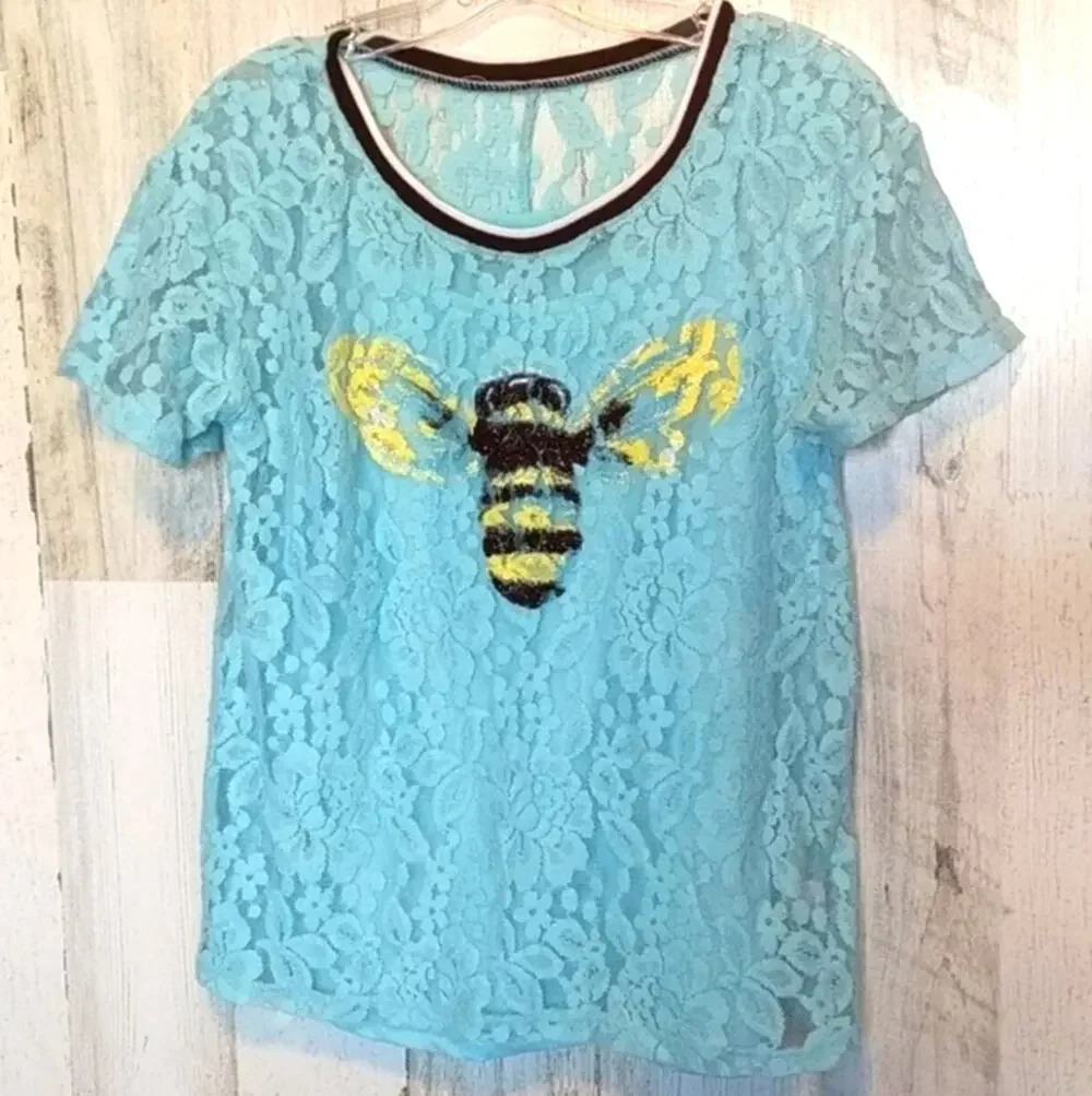 JUSTICE Blue Layered Lace Honey Bee Top Girls 16